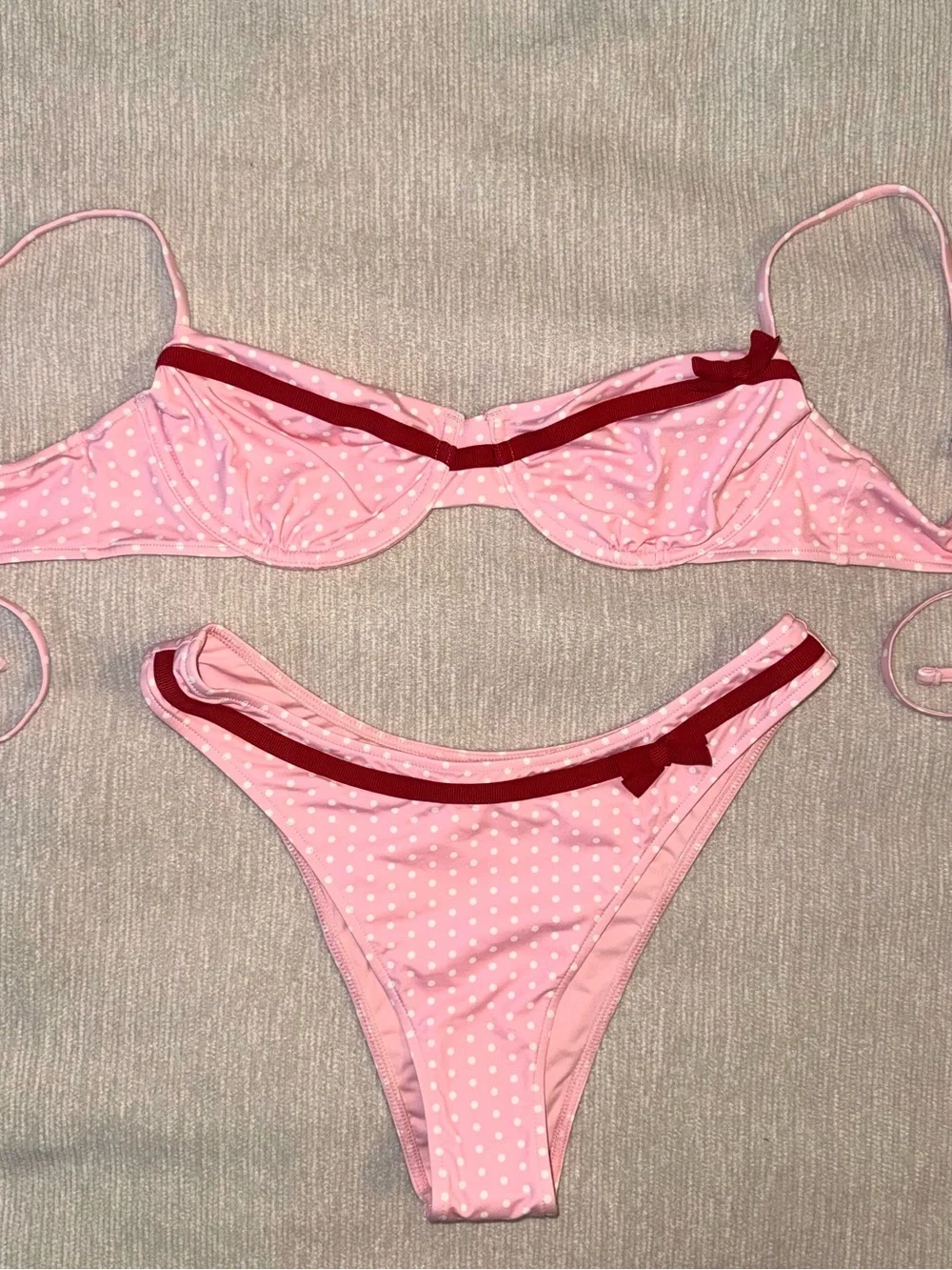 New Frankie’s Bikinis Set Morning Dove Pink Red Love Sexy Bra Polka Dot Medium